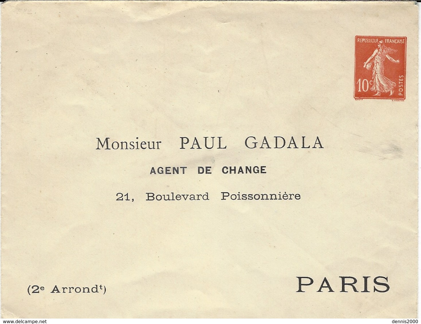 1907- Enveloppe E P 10 C Semeuse Rouge Avec Repiquage Monsieur Paul GADALA / Agent De Change / 21,Boulevard Poissonnière - Enveloppes Repiquages (avant 1995)