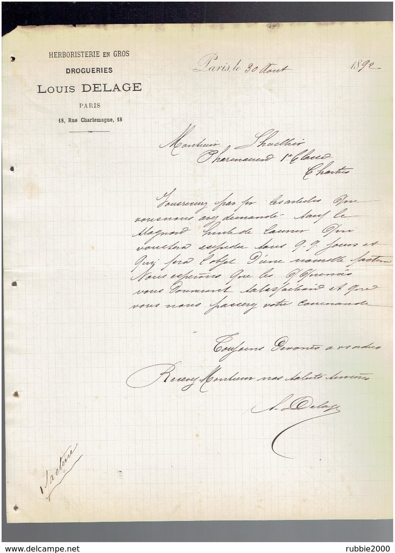 FACTURE 1892 HERBORISTERIE DROGUERIE LOUIS DELAGE 18 RUE CHARLEMAGNE A PARIS - Droguerie & Parfumerie