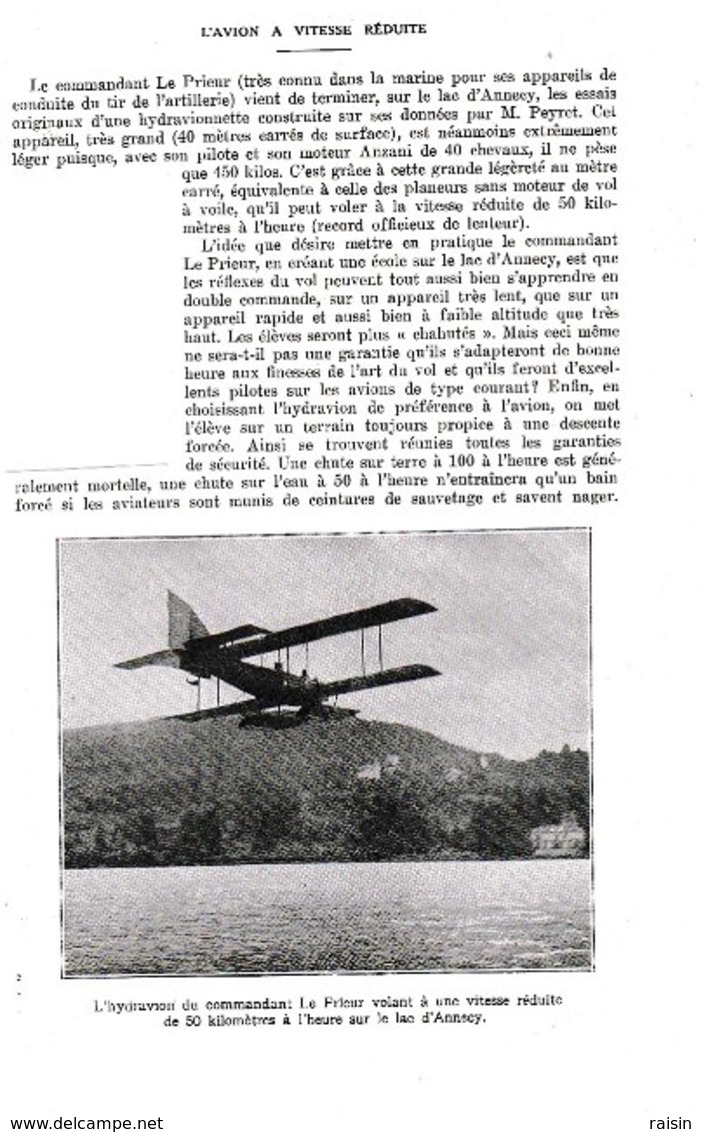 1924 L'Avion à Vitesse Réduite  Hydravion Du Commandant Le Prieur Sur Le Lac D'Annecy TBE - Non Classés