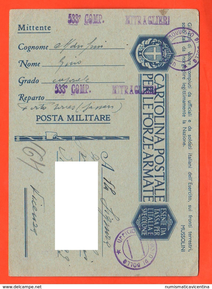 533^ Mitraglieri Porto Torres Sassari 1942 Franchigie Forze Armate Posta Militare X Vicenza - Military Mail (PM)