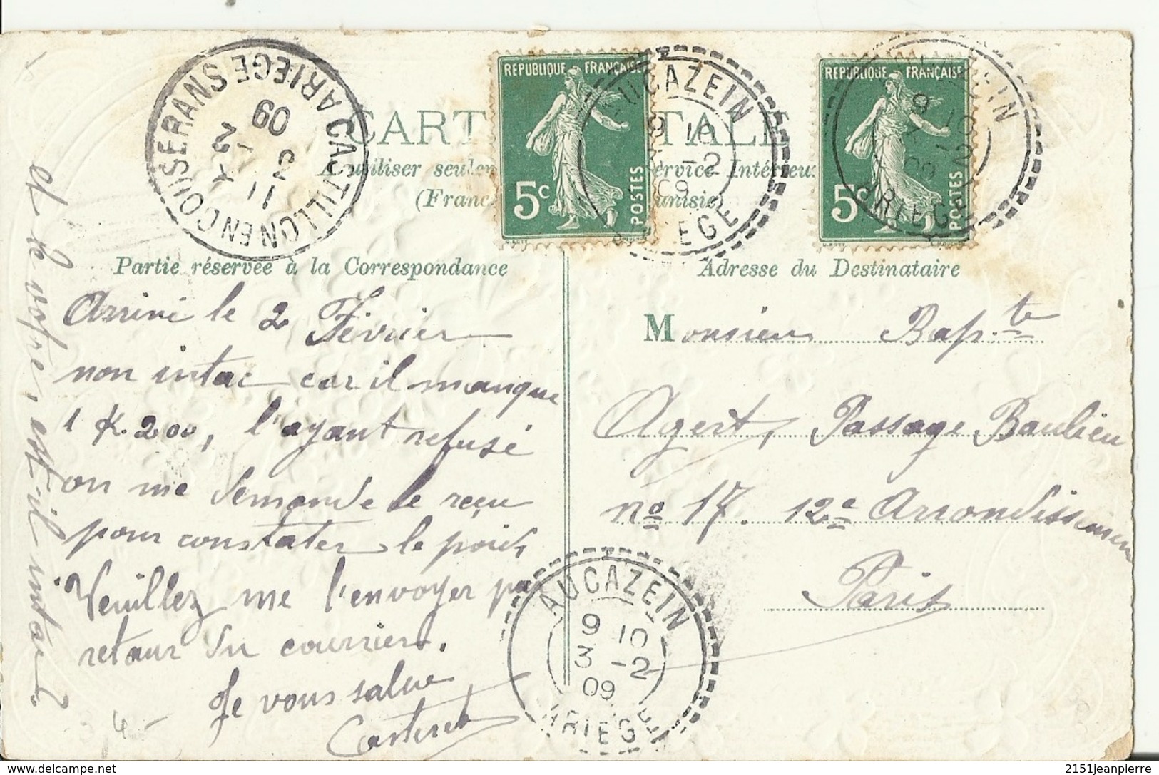 Aucazein. Ariège. FB 86 1909 - Cachets Manuels
