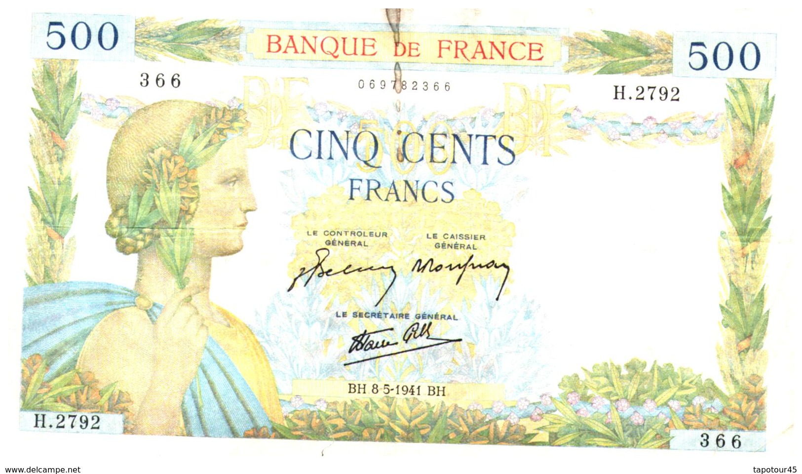 Billet  >  France > 500 Francs 8-5-1941.BH.  Une Petite Coupure En Bas - 500 F 1940-1944 ''La Paix''