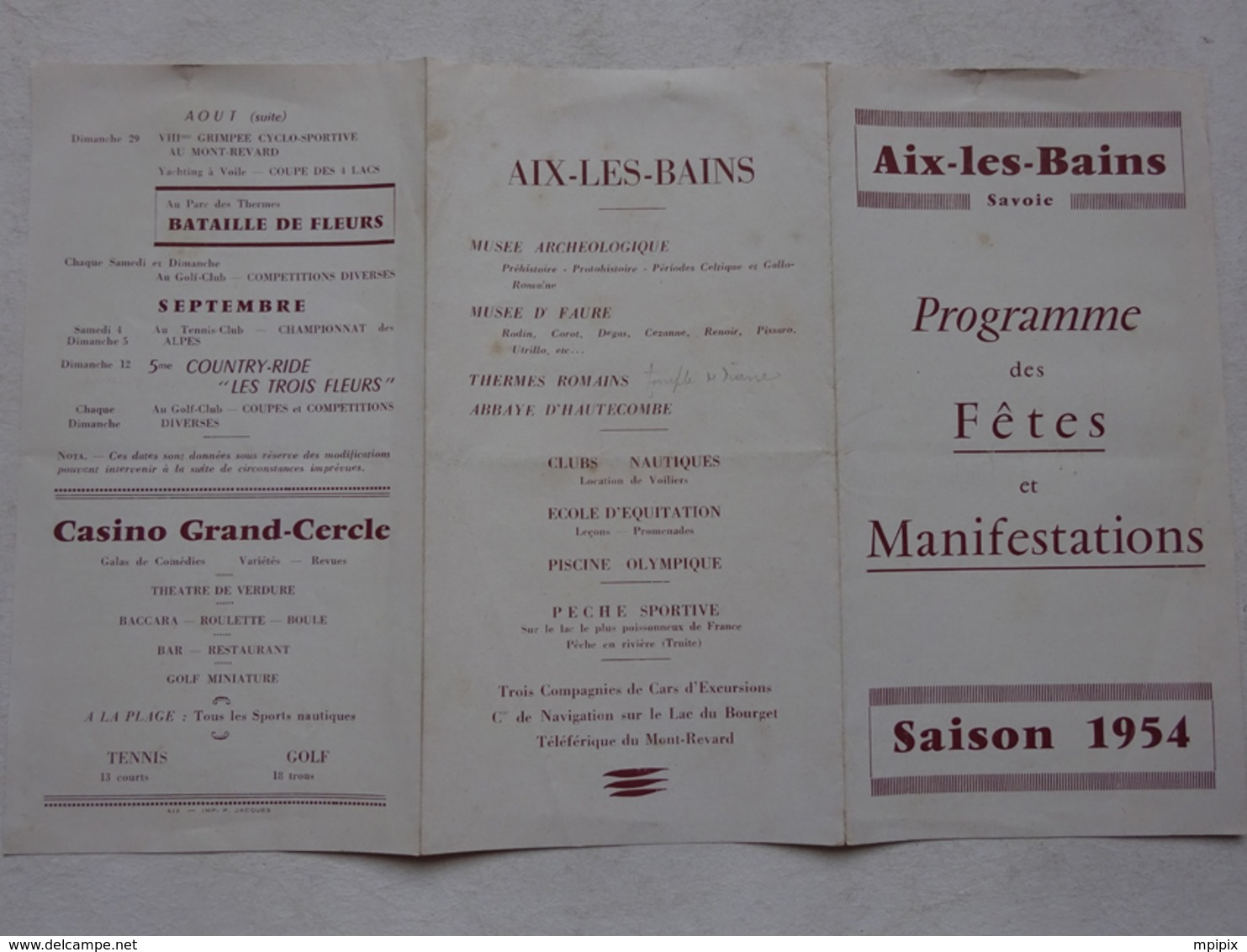 OHM Dépliant Programme Des Fêtes Et Animations Aix Les Bains Savoie Saison 1954 - Dépliants Touristiques