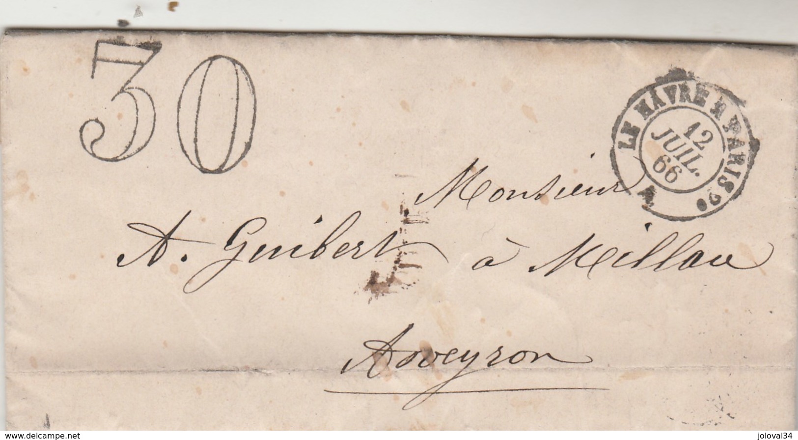 Lettre Entête Grip Maillot Fécamp Taxe Double Trait 30 Cachet Ambulant Le Havre à Paris 2° A 12/7/1866 à Millau Aveyron - 1849-1876: Période Classique