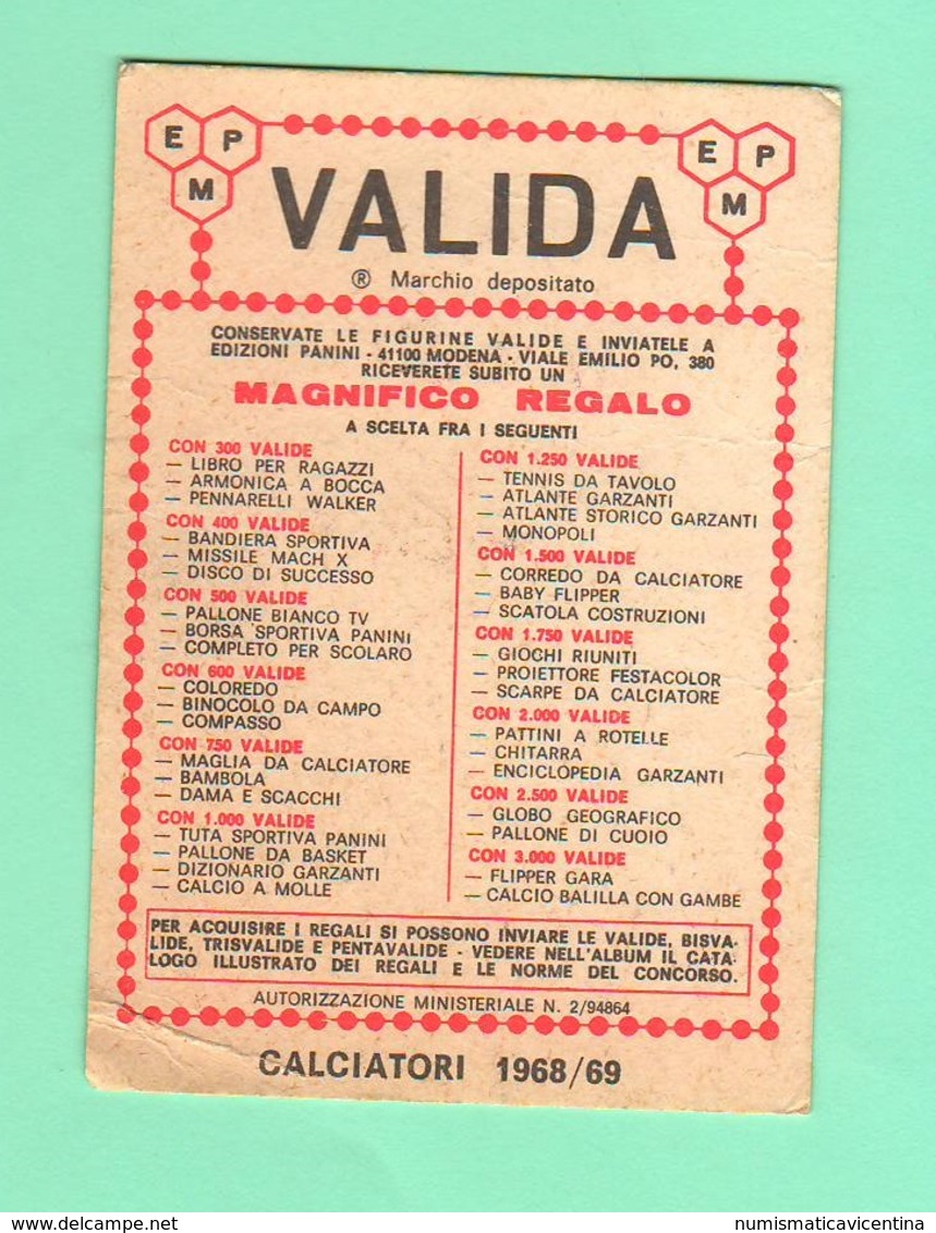 Calcio PANINI VALIDA Figurine Calciatori 1968 / 69 G. Battista Pirovano Serie A Fiorentina - Edizione Italiana