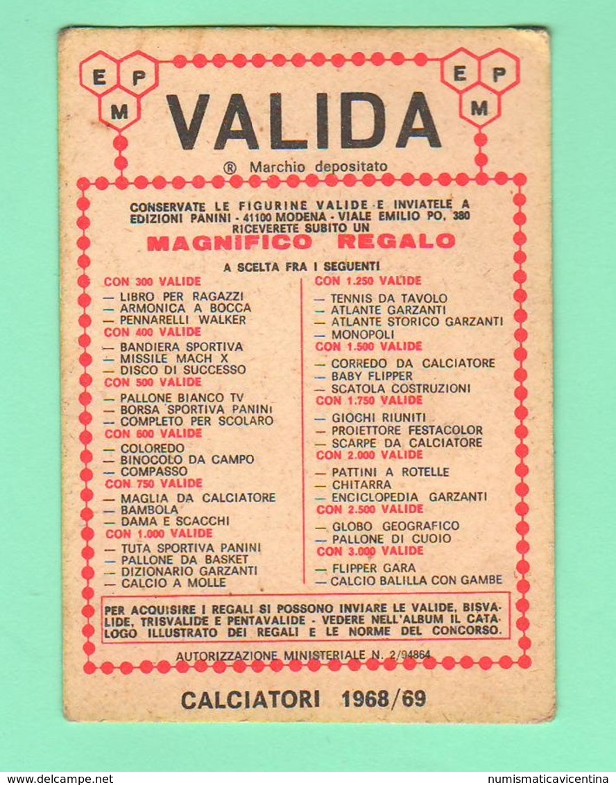 Calcio PANINI VALIDA Figurine Calciatori 1968 / 69 JULIANO Serie A Napoli - Edizione Italiana