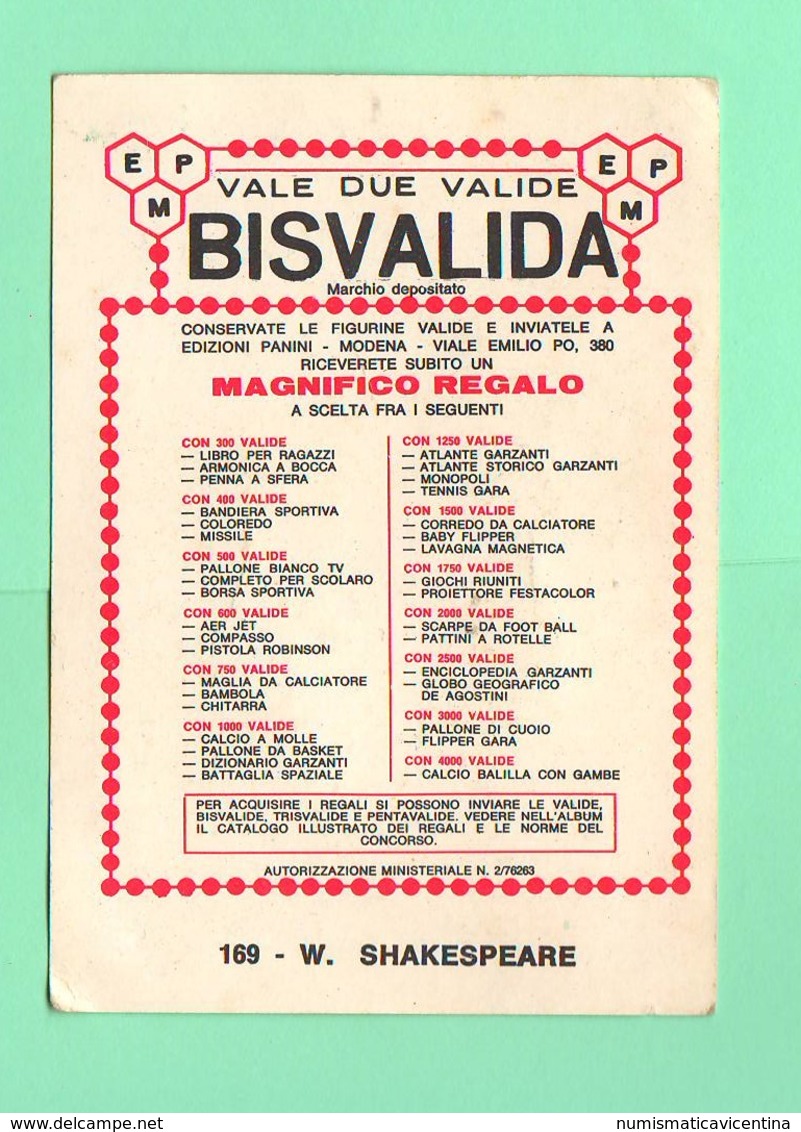 Figurine PANINI Bisvalida Serie UOMINI ILLUSTRI Nr. 169 W. Shakespeare 1967 - Edizione Italiana