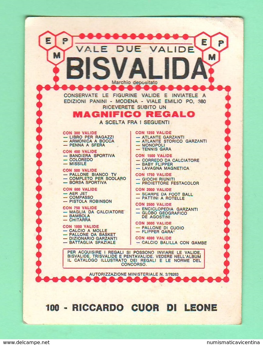 Figurine PANINI Bisvalida Serie UOMINI ILLUSTRI Nr. 100 Riccardo Cuor Di Leone 1967 - Edizione Italiana