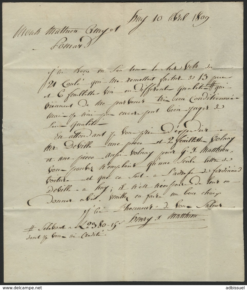 1809 "96/ HUY" En Noir S/ Lettre Adressée à Pommard. Voir Description - 1792-1815: Départements Conquis