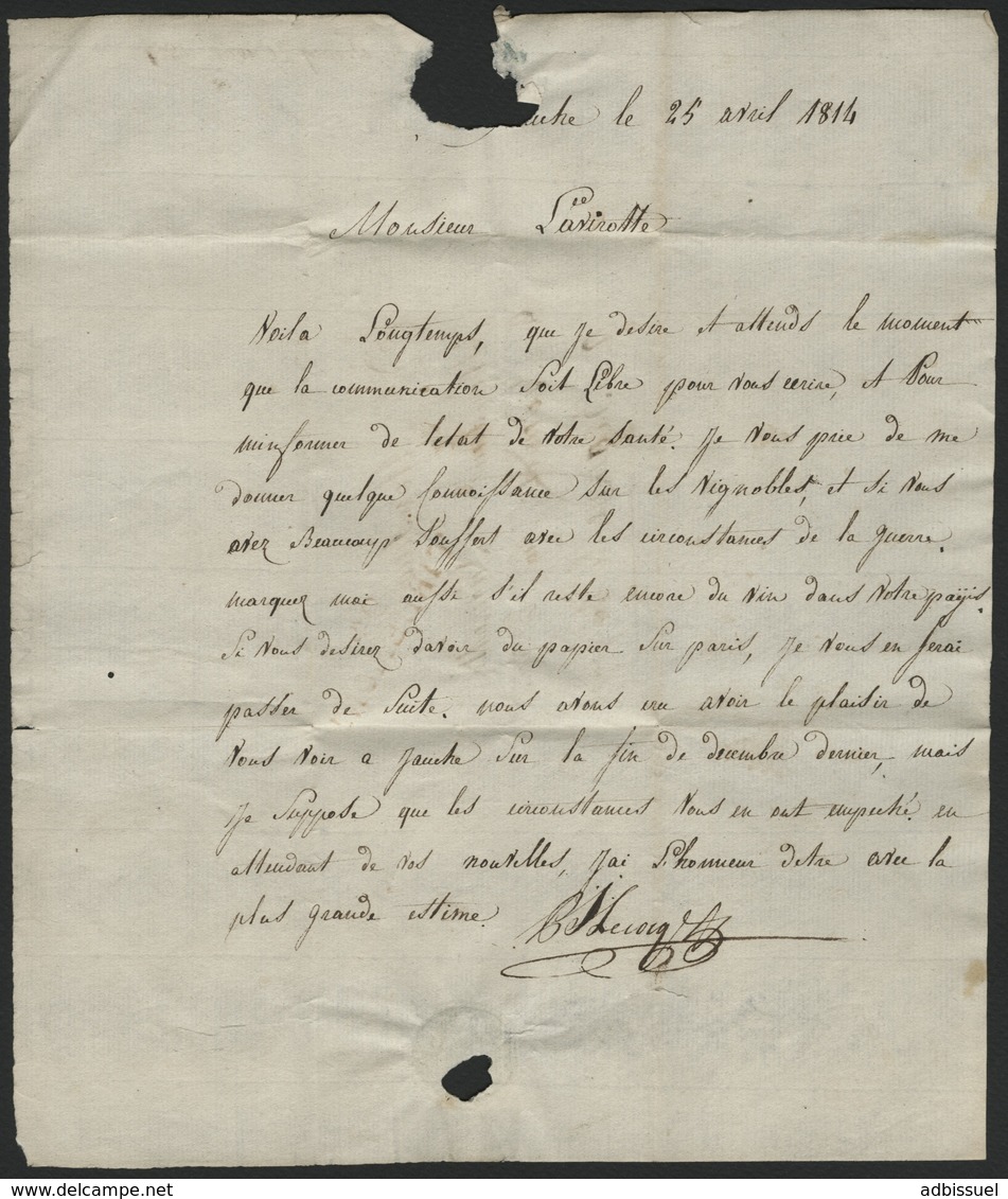 1814 "94 / TIRLEMONT" (47*11) En Rouge S/ Lettre Datée Du 25/04/1814 Adressée à Beaune (Bourgogne). Voir Description - 1792-1815: Dipartimenti Conquistati
