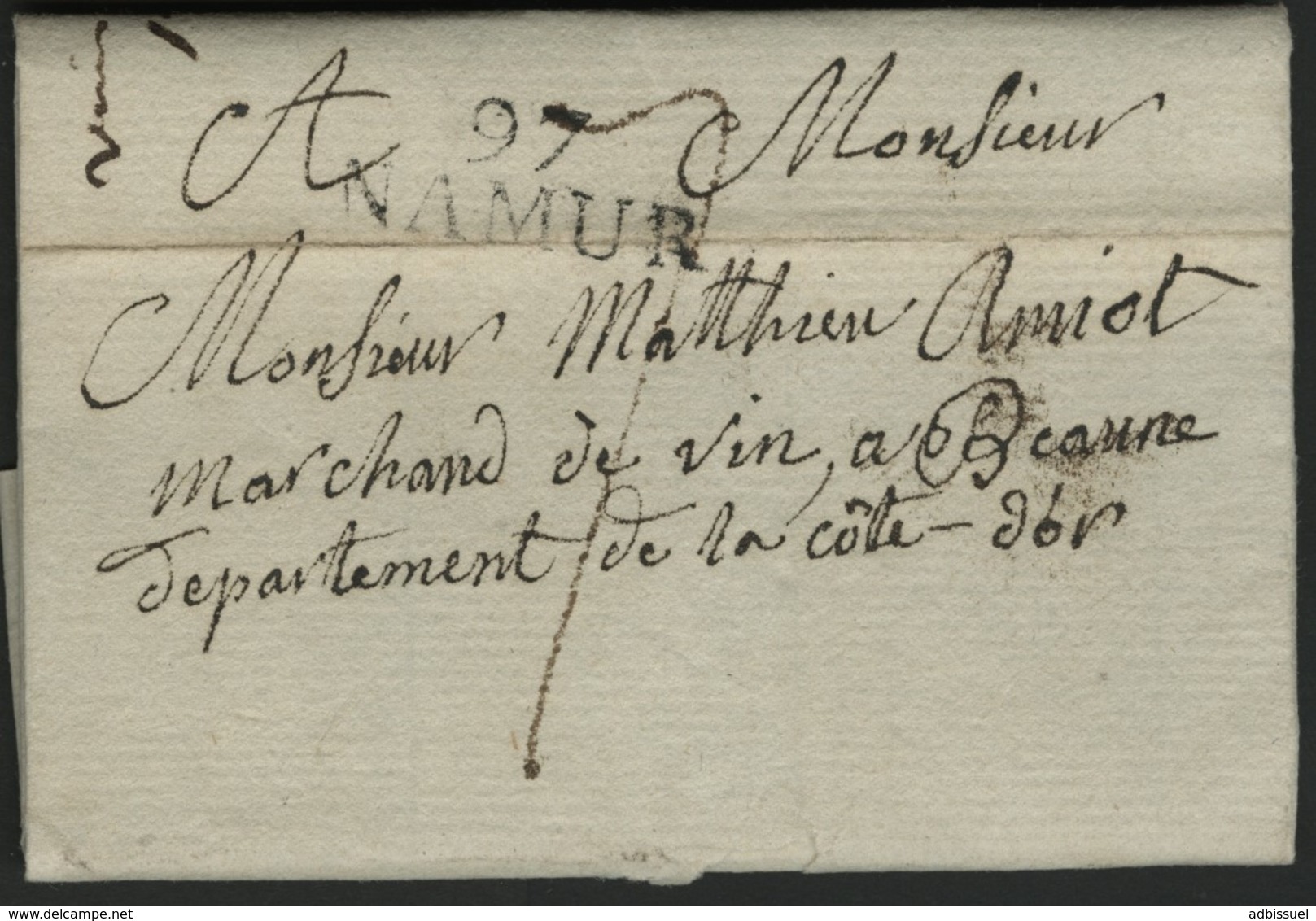 1812 "97 / NAMUR" (27*11) En Noir S/ Lettre Pour Beaune. Taxe Manuscrite "7". TB. Voir Description - 1792-1815: Départements Conquis