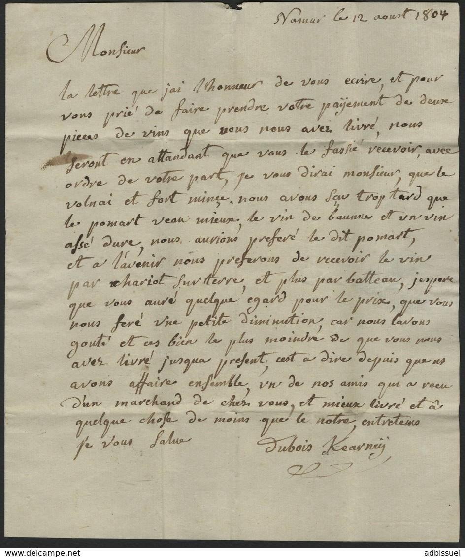 1804 "97 / NAMUR" (22*9) En Noir S/ Lettre Adressée à Beaune (Bourgogne). TB. Voir Description - 1792-1815: Départements Conquis