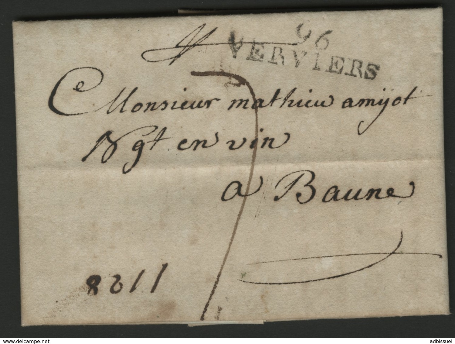 1803 "96 / VERVIERS" (36*10) En Noir S/ Lettre Pour Beaune (Bourgogne). TB. Voir Description - 1794-1814 (Französische Besatzung)