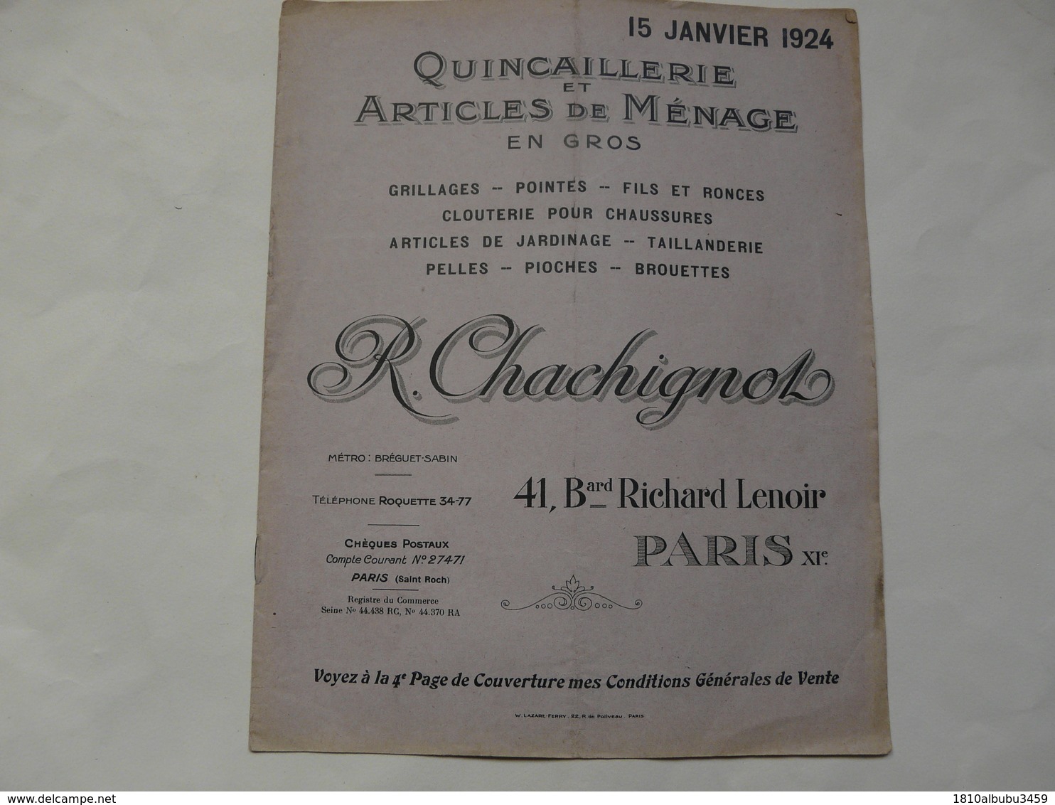 VIEUX PAPIERS - 75 PARIS - CATALOGUE (8 Pages) : Quincaillerie Et Articles De Ménage En Gros R. CHACHIGNOT - Advertising