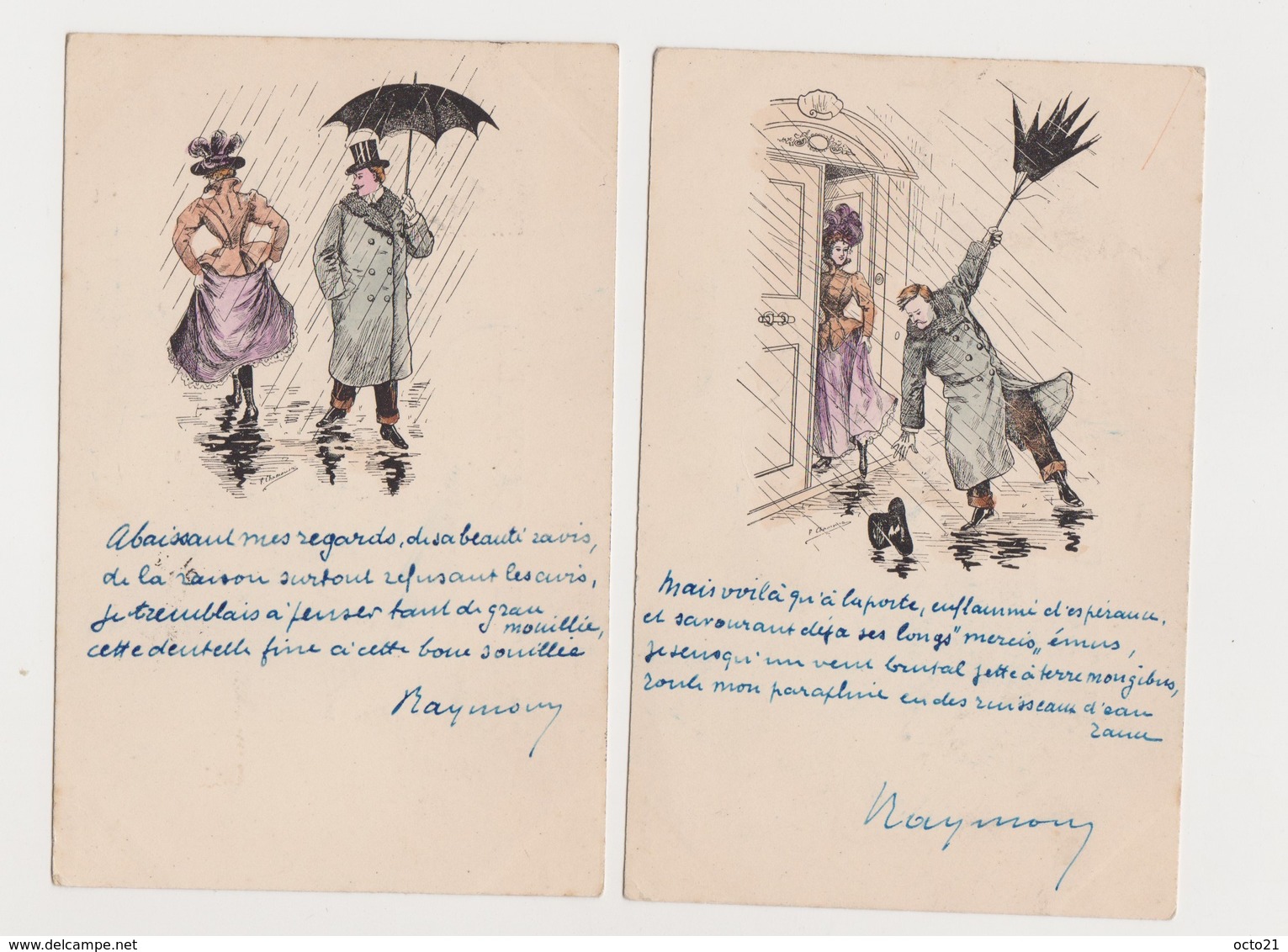 2 Cartes Fantaisie Humoristiques Dessinées / Couple / Parapluie - Couples