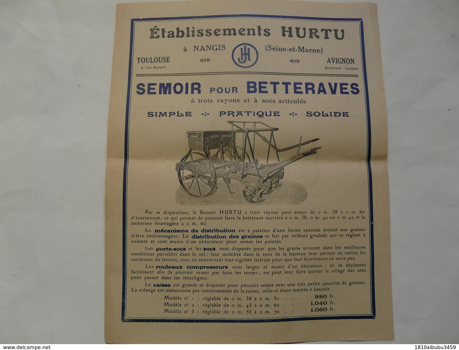 VIEUX PAPIERS - 77 NANGIS - PROSPECTUS : ETS HURTU - Semoir Pour Betteraves - Advertising