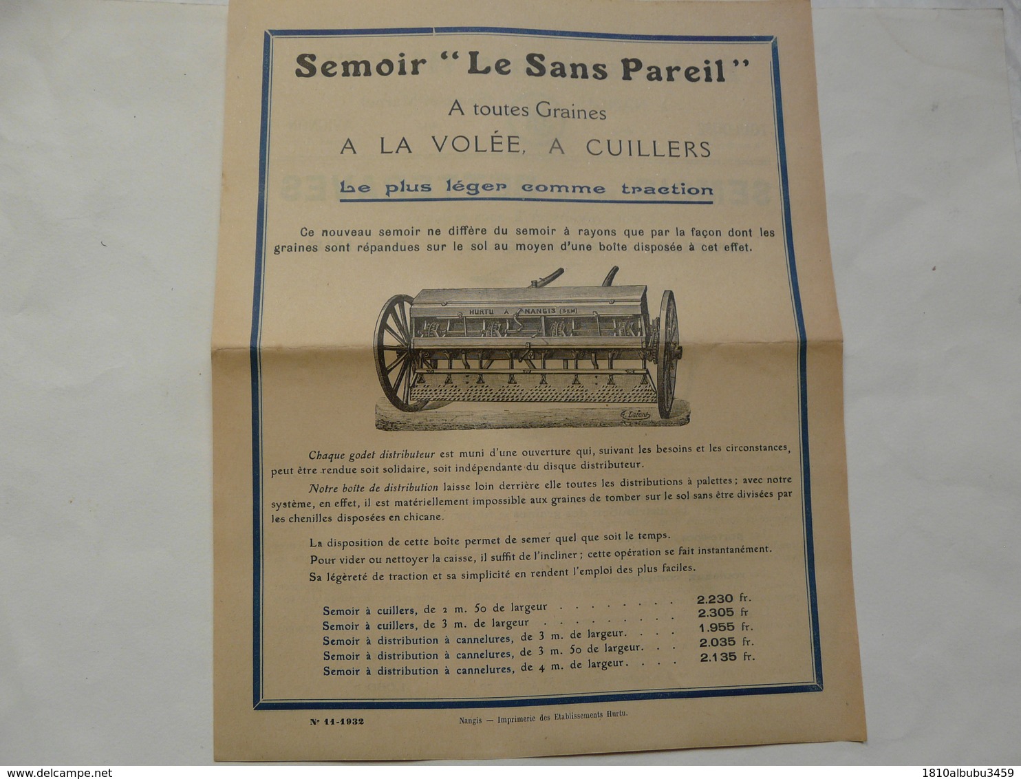 VIEUX PAPIERS - 77 NANGIS - PROSPECTUS : ETS HURTU - Semoir Pour Betteraves - Advertising