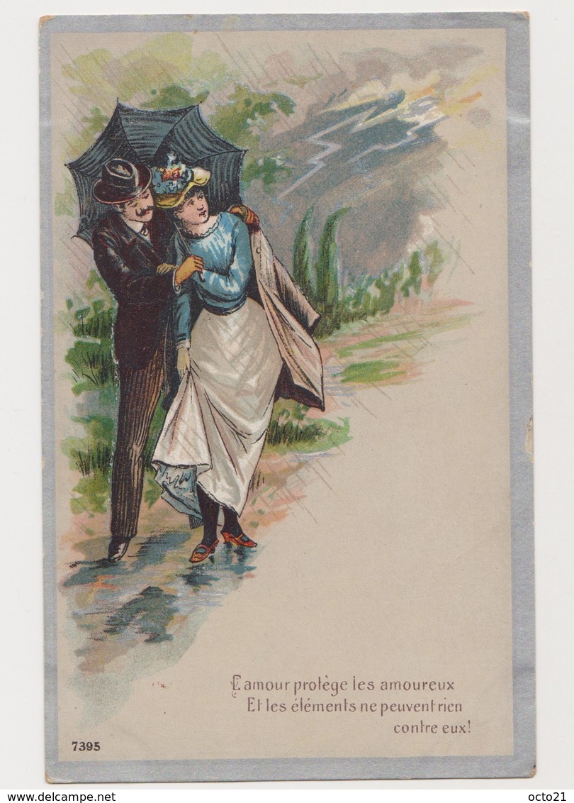 Carte Fantaisie / Couple  D'amoureux Sous Un Parapluie - Couples