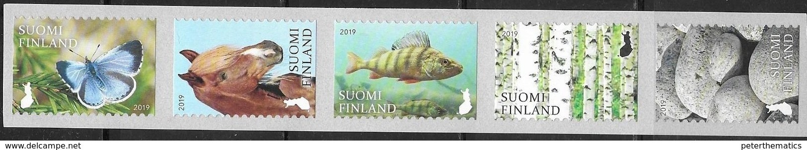 FINLAND, 2019, MNH, NATURE SIGNS, FISH, HORSES, INSECTS, BUTTERFLIES, 5v SA STRIP - Fishes