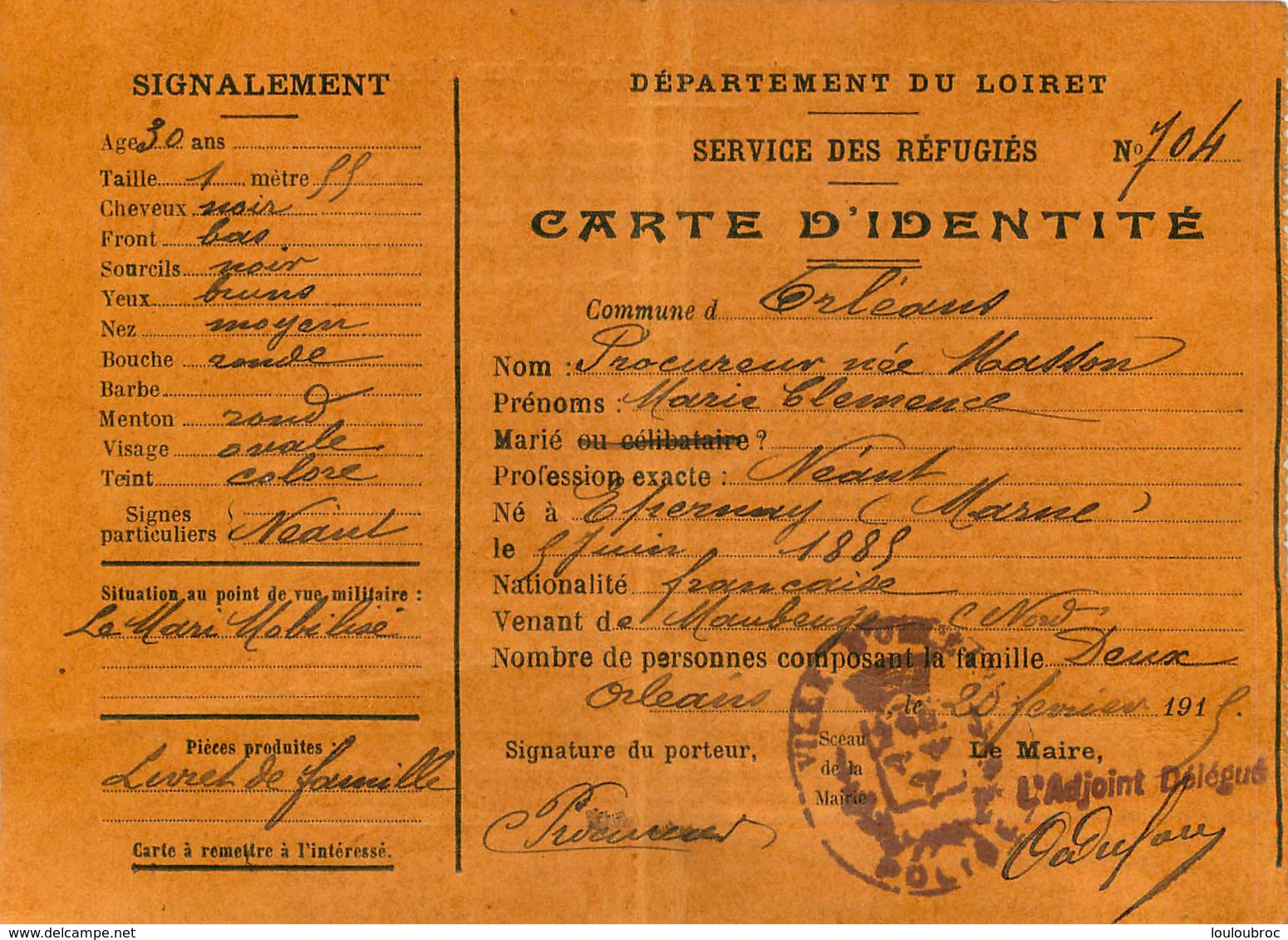 SERVICE DES REFUGIES DEPARTEMENT DU LOIRET CARTE D'IDENTITE 1915 - 1914-18