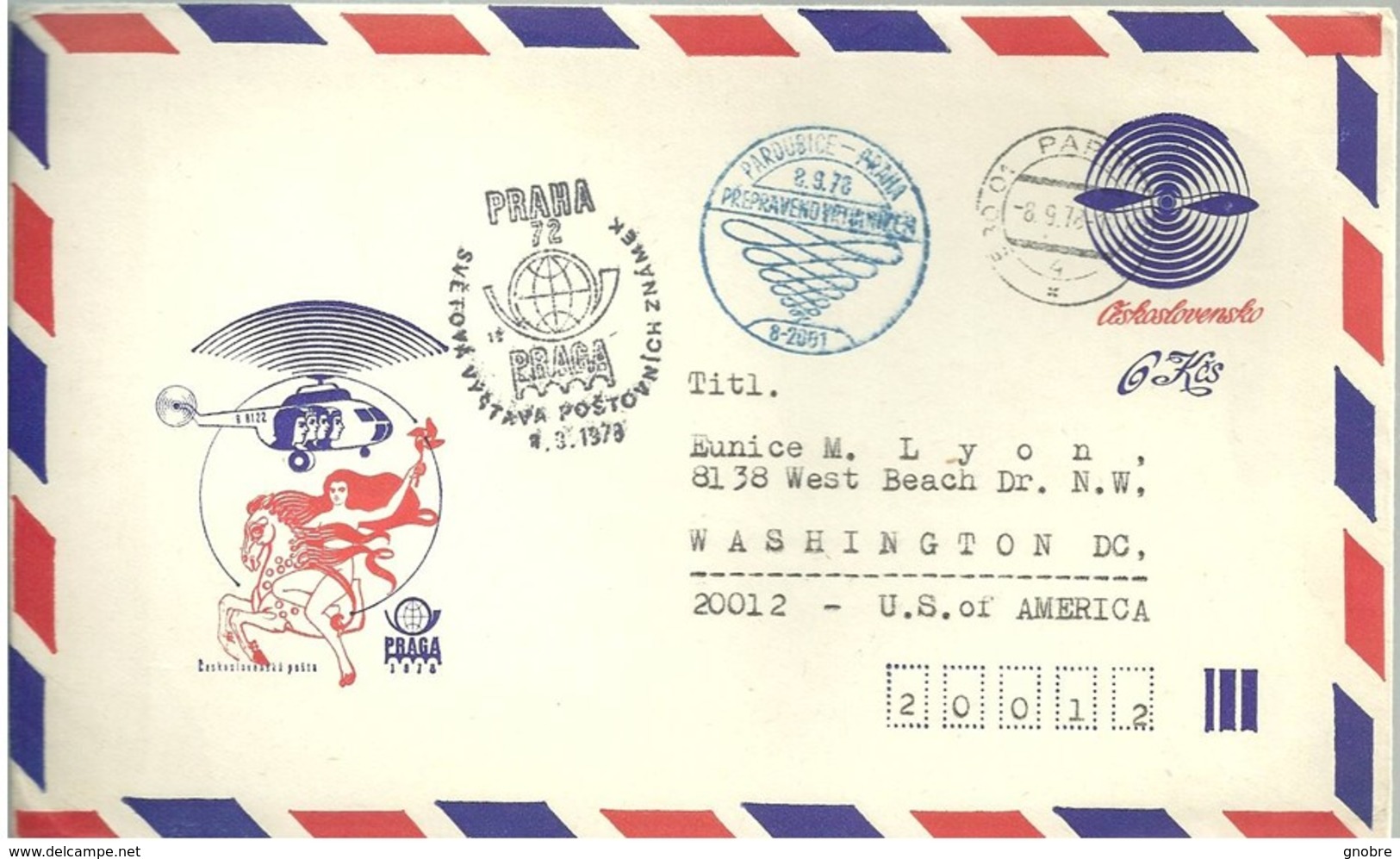 CZECHOSLOVAKIA To USA Cover Prepaid Stationery Sent In 1978 - Great Cancel - Woman Helicopter (GN 0278) - Enveloppes