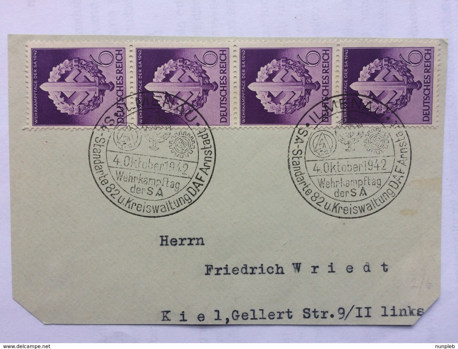 GERMANY 1942 Piece Armed Sports Day X 4 Stamps - Handstamps Llmenau `Standerkarte Kreiswaltung DAF Arnstadt` To Kiel - Covers & Documents