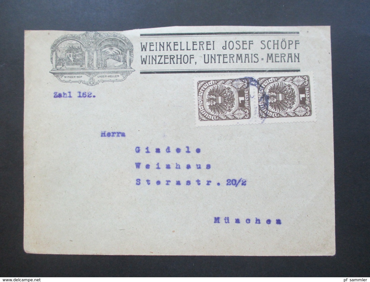 Österreich 1920 Wappenzeichnung Nr. 313 MeF Senkrechtes Paar Weinkellerei Josepf Schöpf Winzerhof Untermais Meran - Storia Postale