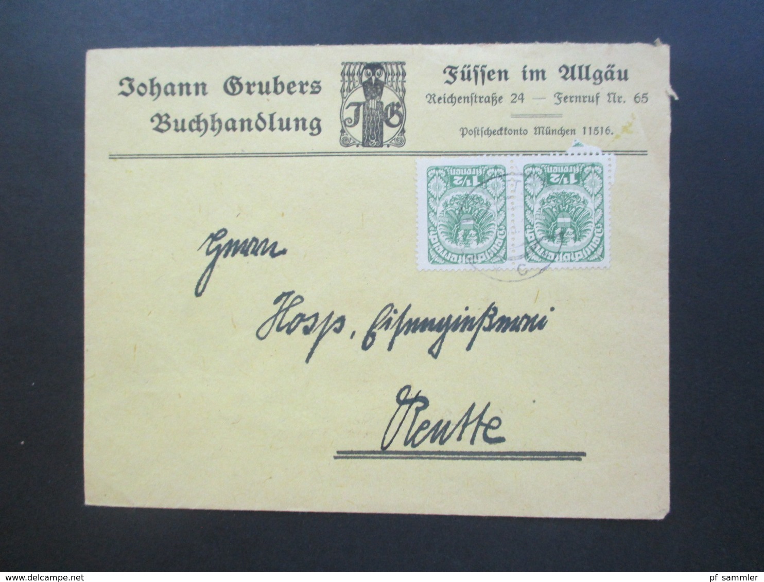 Österreich 1920 Wappenzeichnung Nr. 314 MeF Waagerechtes Paar Johann Grubers Buchhandlung Füssen Im Allgäu - Briefe U. Dokumente