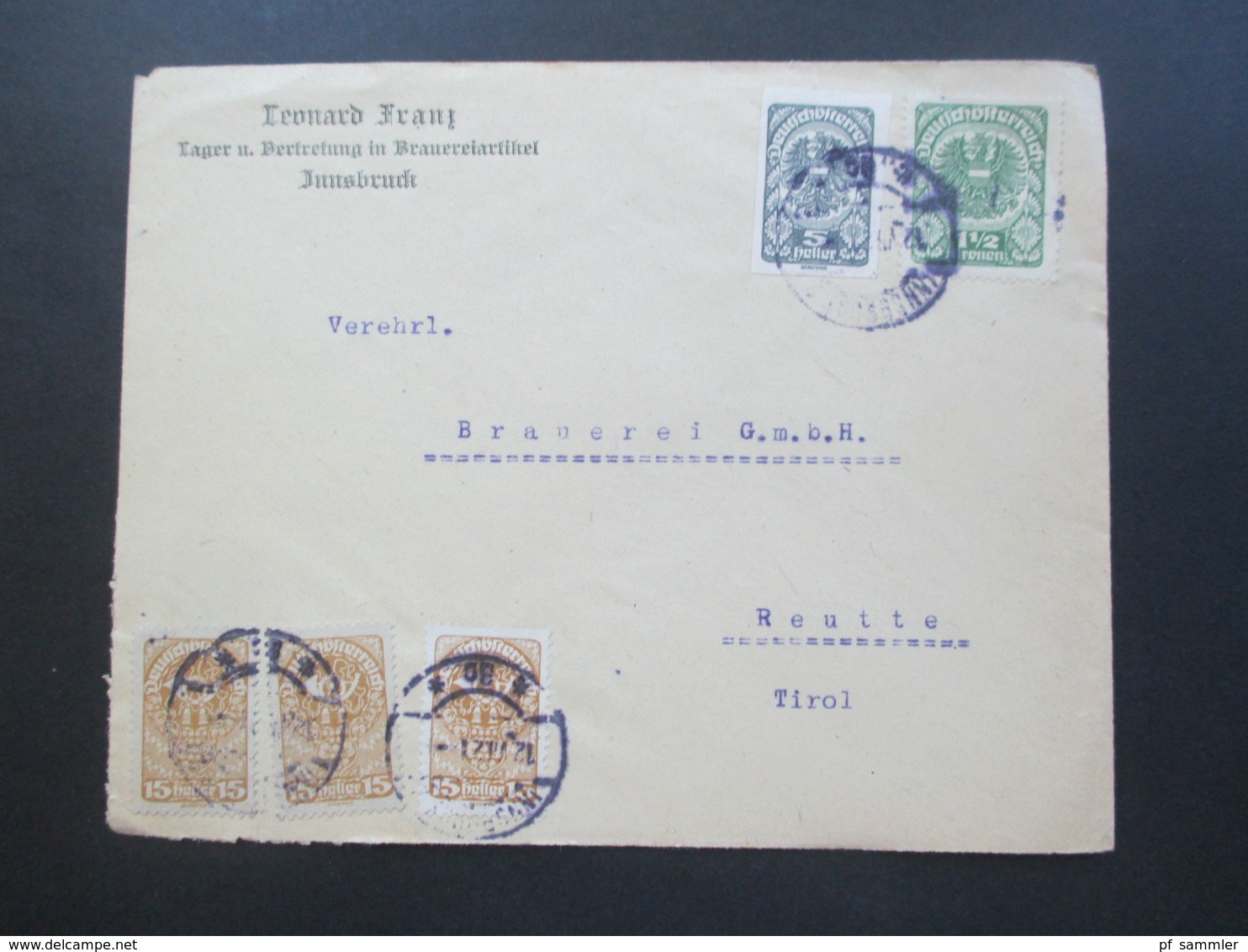 Österreich 1921 Wappenzeichnung MiF Mit Renner Gezähnt Und Ungezähnt Nr. 275 Leonard Franz Brauereiartikel Innsbruck - Briefe U. Dokumente