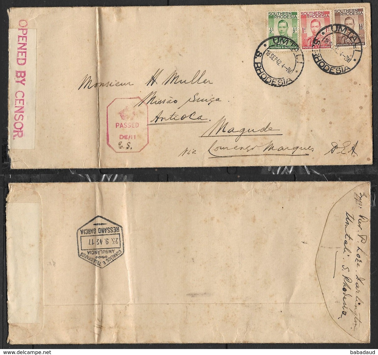 S.Rhodesia, Long Cover, 3d, UMTALI 18 SP 42 .Magude, Mozambique, RESANO GARCIA 23.9.42 Transit, Censor & Tape - Southern Rhodesia (...-1964)