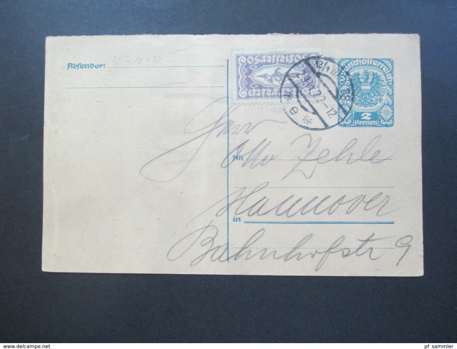 Österreich 1921 Drucksachen Eilmarke Nr. 417 Als Zusatzfrankatur Auf Ganzsache Nach Hannover. Karl Arnold Briefmarkenhan - Briefe U. Dokumente