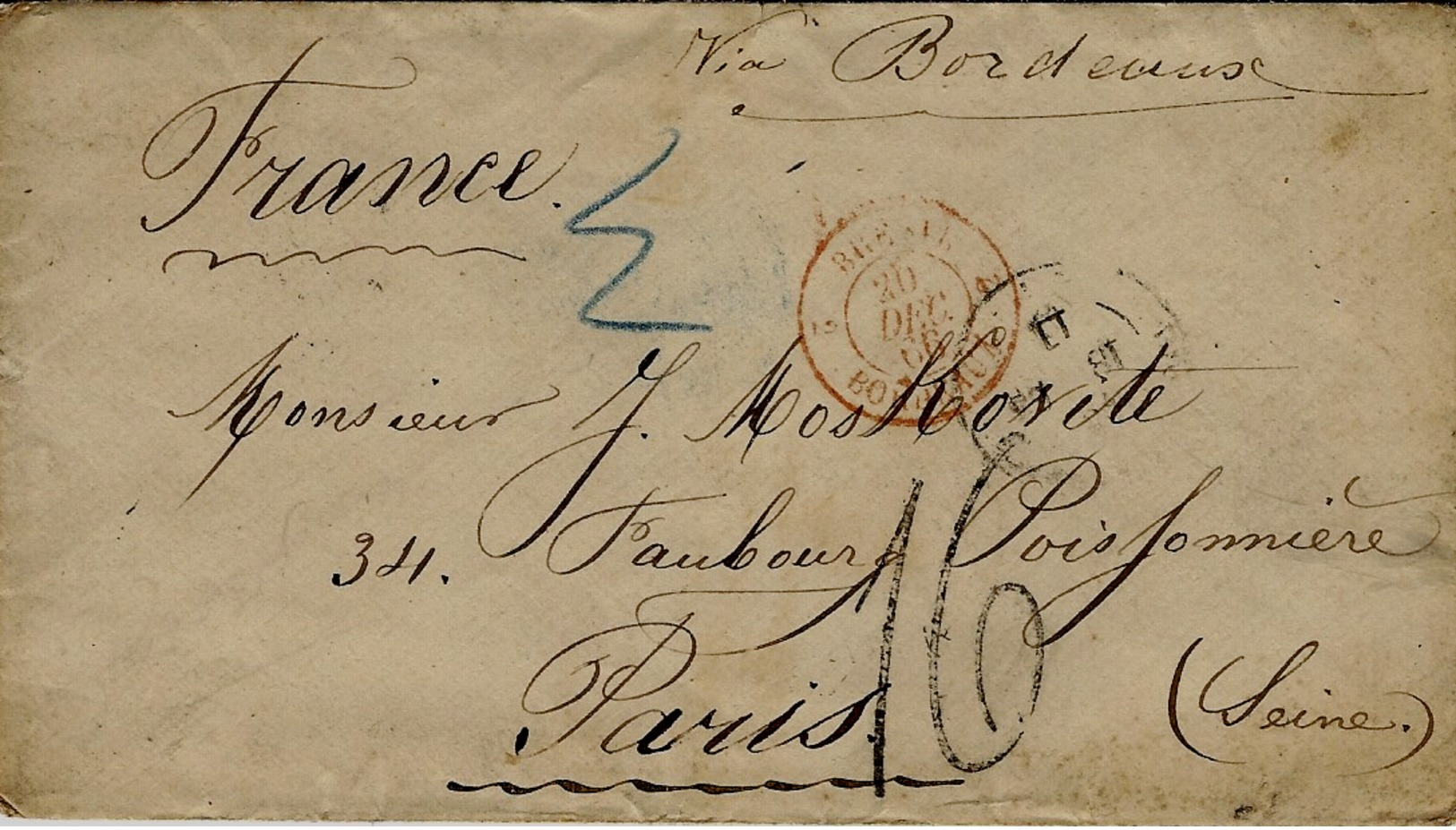 1866- Lettre Du Brésil Pour Bordeaux,entrée BRESIL 2 BORDEAUX 2 Rouge + Taxe 16 Tampon - Marques D'entrées