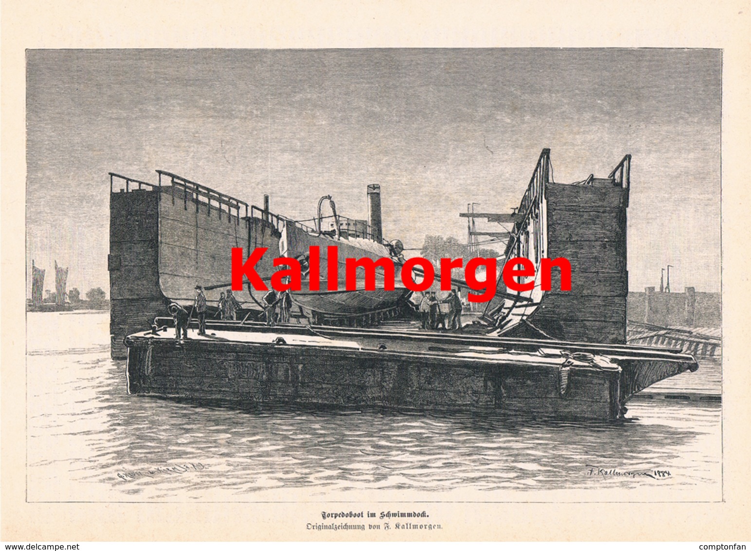 922 Kallmorgen Torpedoboot Schwimmdock Schiffswerft Druck 1887 !! - Bateaux