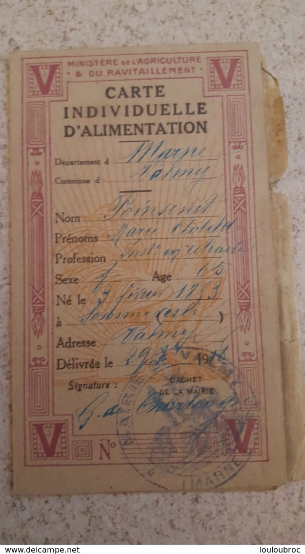 CARTE INDIVIDUELLE D'ALIMENTATION  LETTRE V ANNEE 1918 - 1914-18