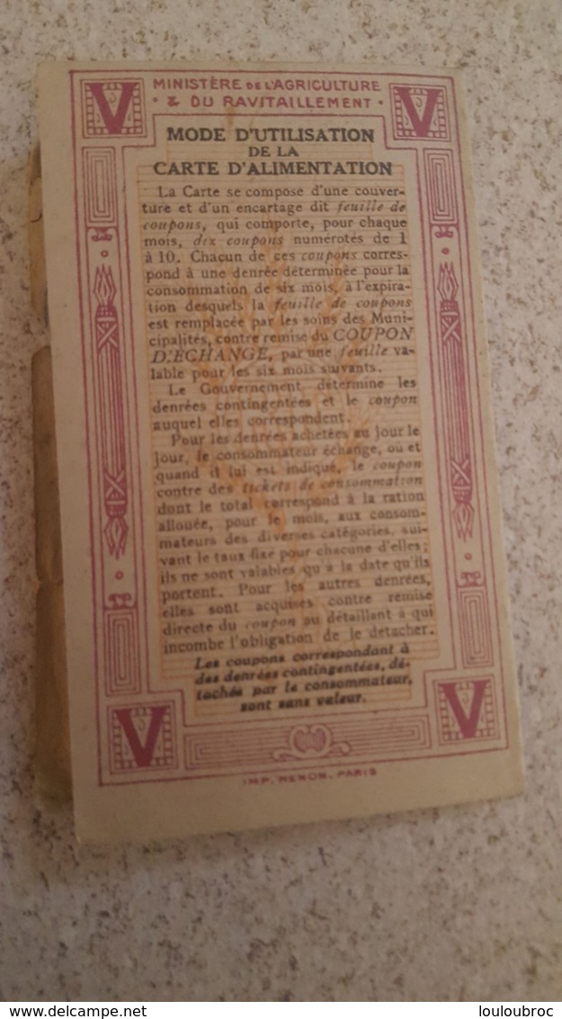 CARTE INDIVIDUELLE D'ALIMENTATION  LETTRE V ANNEE 1918 - 1914-18