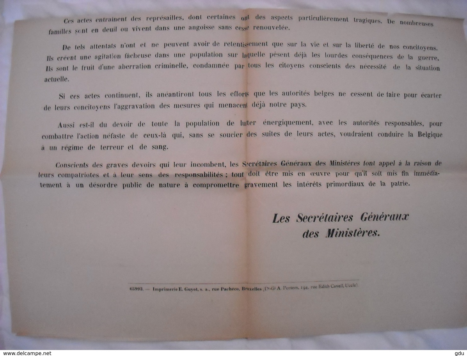 Affiche Ministère Belge Mettant En Garde ' Contre Attentats Divers Et Contre L'occupant - 1939-45