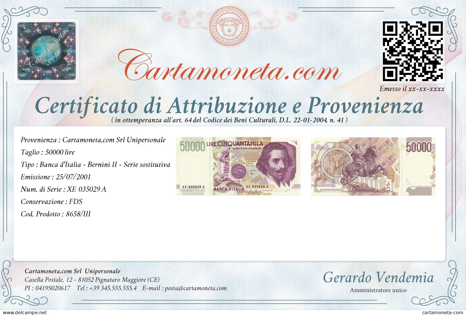 50000 LIRE GIAN LORENZO BERNINI II TIPO SERIE SOSTITUTIVA XE 25/07/2001 FDS - Andere & Zonder Classificatie