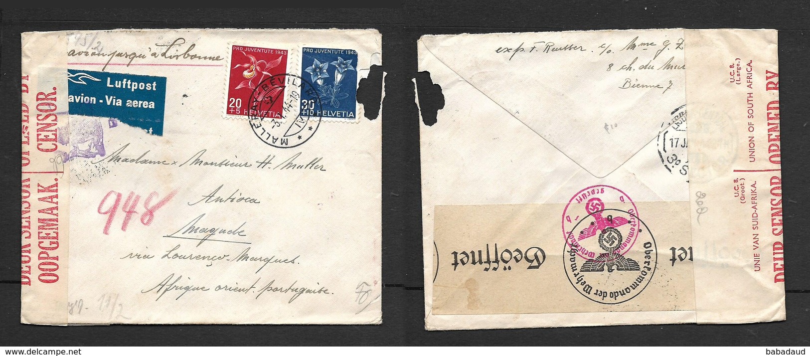 1944, 50c Air Mail, MALLERAY - BELVILARD 3.1.4>.Magude,LISBON Transit, German & Union Censor - Covers & Documents