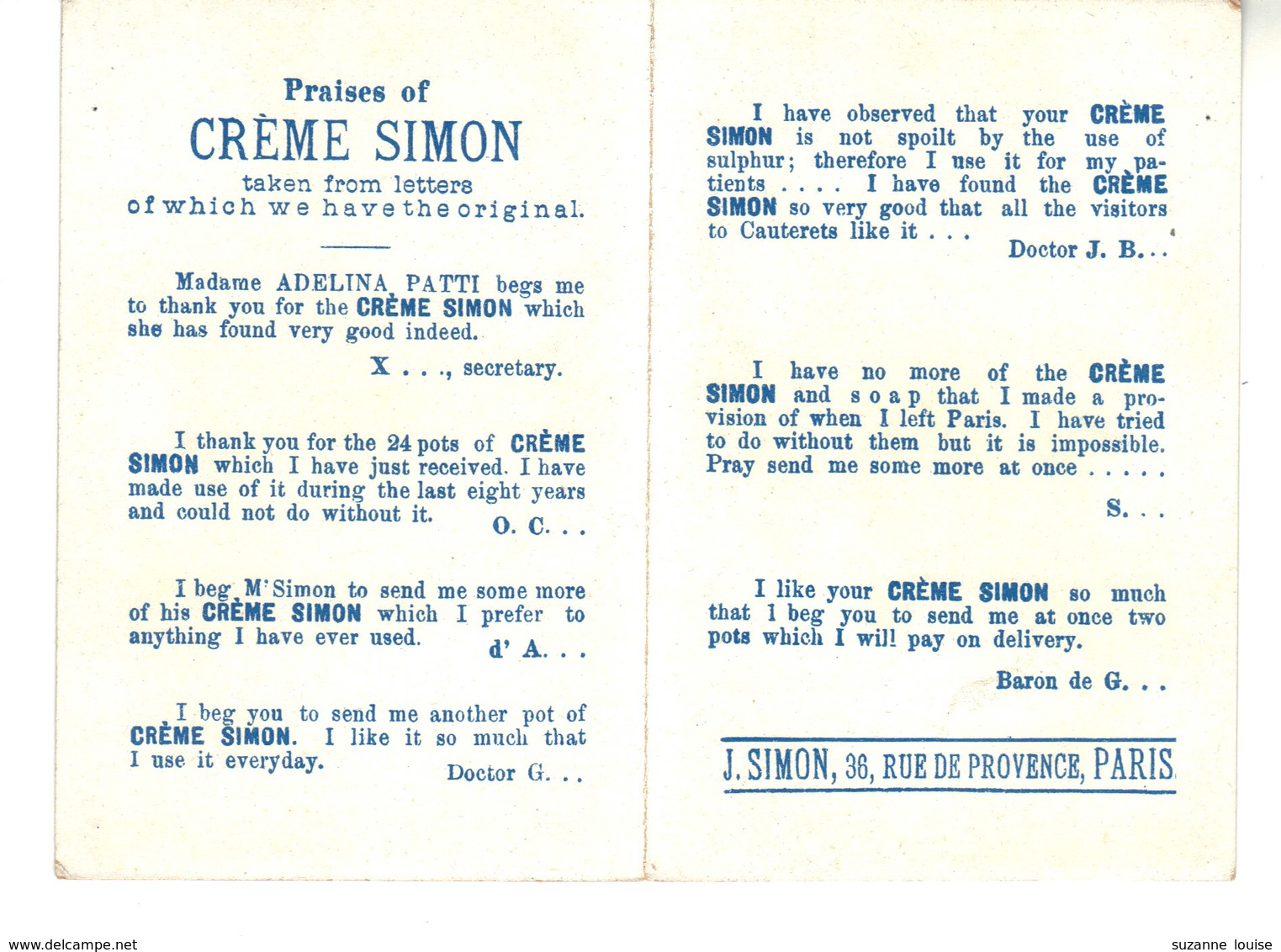 Petite Carte Ouvrante, Publicité Crème SIMON En Anglais;  J.Simon 36, Rue De Provence Paris - Advertising