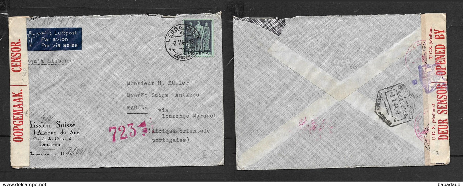 1944, 50c Air Mail, LAUSANNE 9 CHAUDERON 2.5.44>.Magude,LAURENCO MARQUES 3.7.44 Transit, German & Union Censor - Covers & Documents