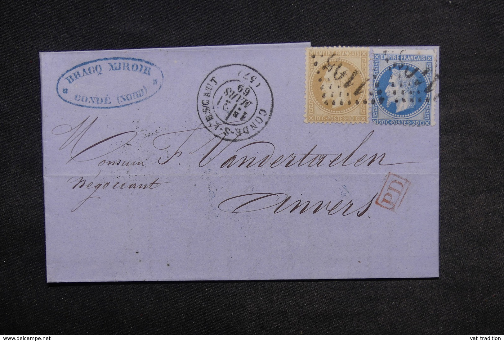 FRANCE - Lettre De Conde Sur L 'Escault Pour Anvers En 1869 , Affranchissement Napoléons , Cachet PD - L 33201 - 1849-1876: Classic Period