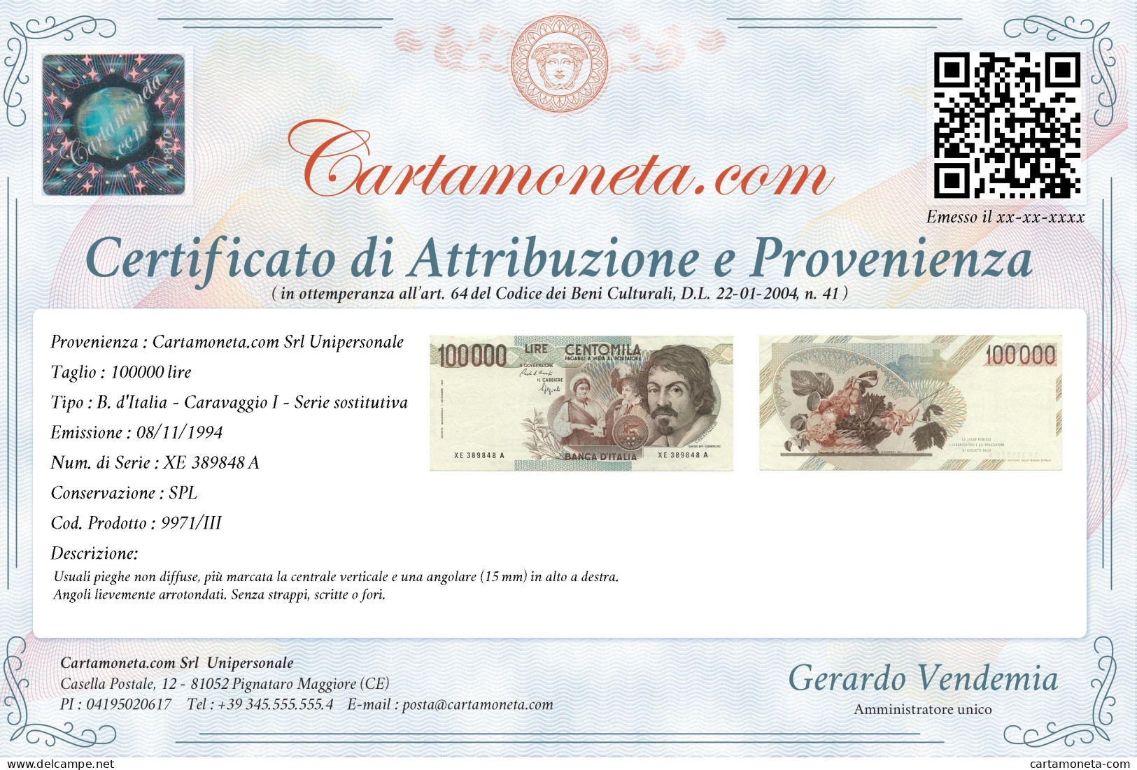 100000 LIRE CARAVAGGIO I TIPO SERIE SOSTITUTIVA XE 08/11/1994 SPL - Altri & Non Classificati