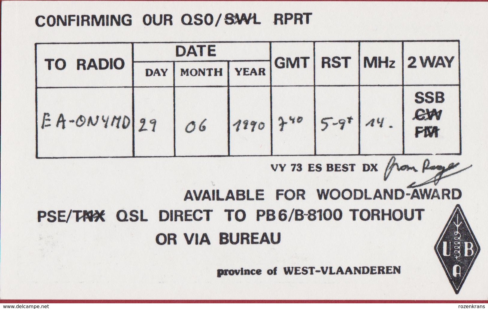 QSL Card Amateur Radio Funkkarte 1990 Belgium Diksmuide West-Vlaanderen Pater Trapist West-Vleteren AVV VVK - Radio Amateur