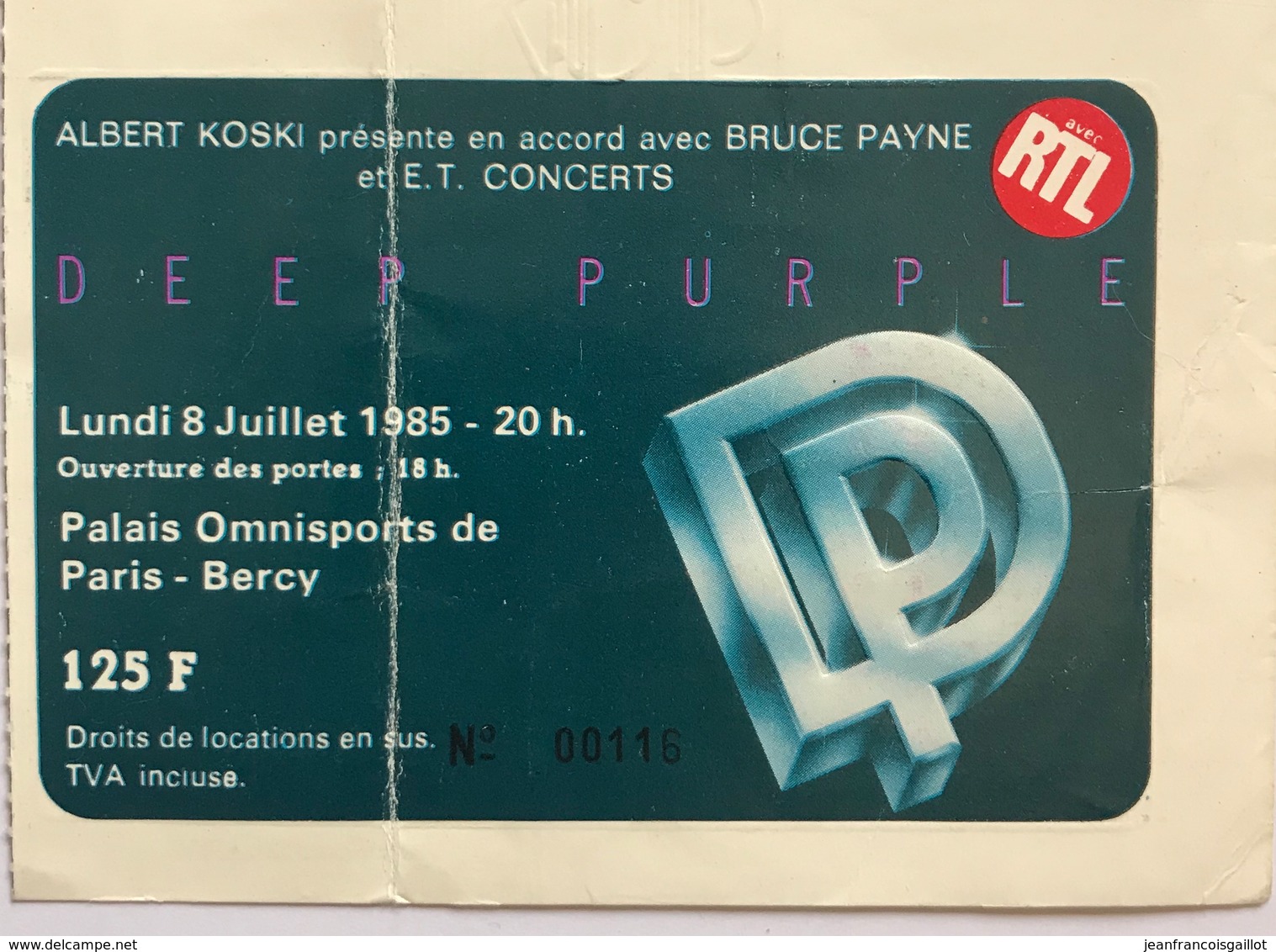 Billet De Concert DEEP PURPLE PARIS 1985 - Tickets D'entrée