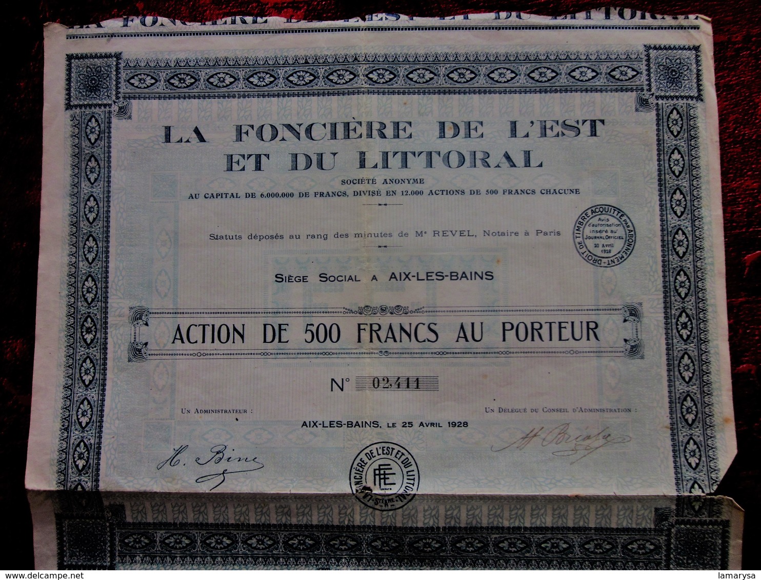 AIX LES BAINS 1926 "LA FONCIERE DE L'EST & Du LITTORAL AU PORTEUR ACTION/TITRE 500fr FONCIER SCRIPOPHILIE - Other & Unclassified