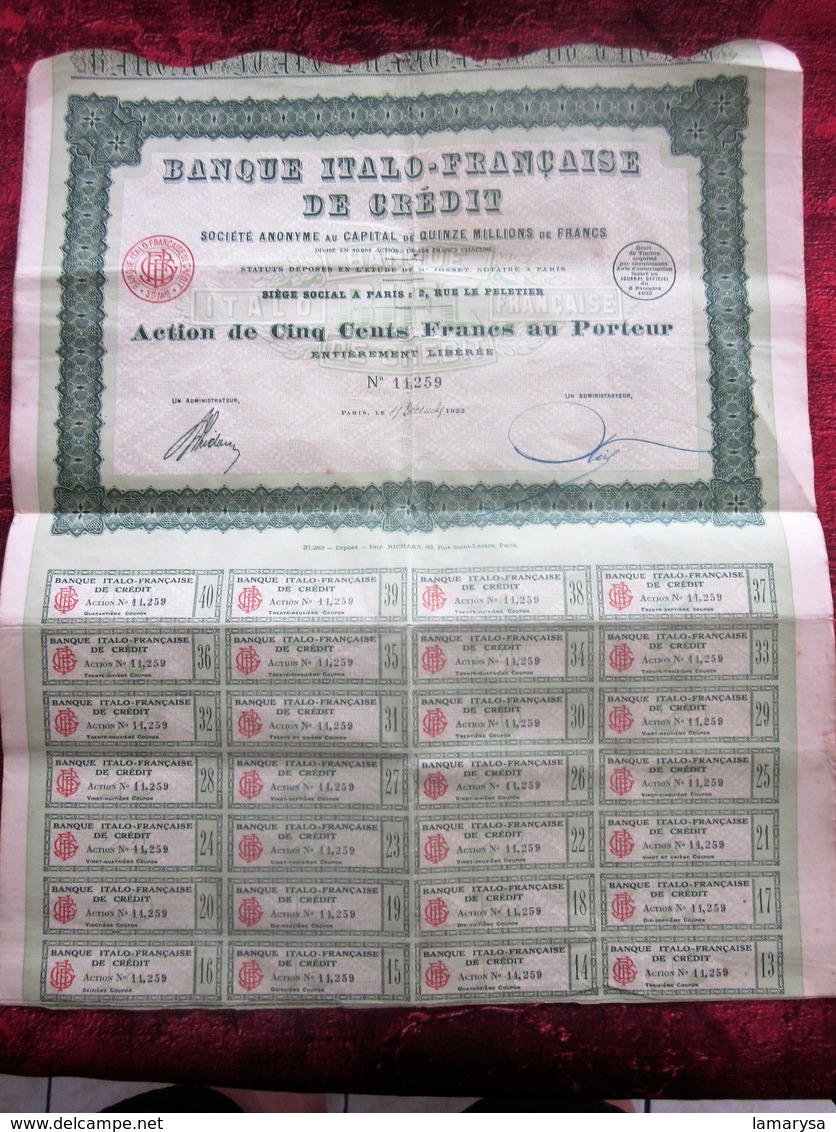 PARIS 1922 "BANQUE ITALO-FRANCAISE DE CREDIT ACTION / TITRE DE 500fr  AU PORTEUR - SCRIPOPHILIE - Bank & Insurance