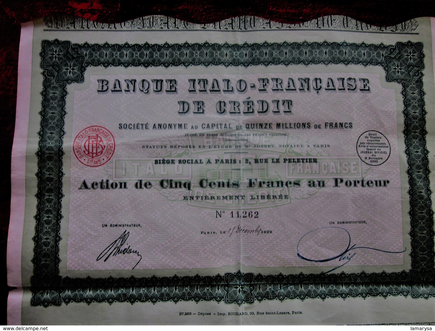 PARIS 1922 "BANQUE ITALO-FRANCAISE DE CREDIT ACTION / TITRE DE 500fr  AU PORTEUR - SCRIPOPHILIE - Bank & Insurance