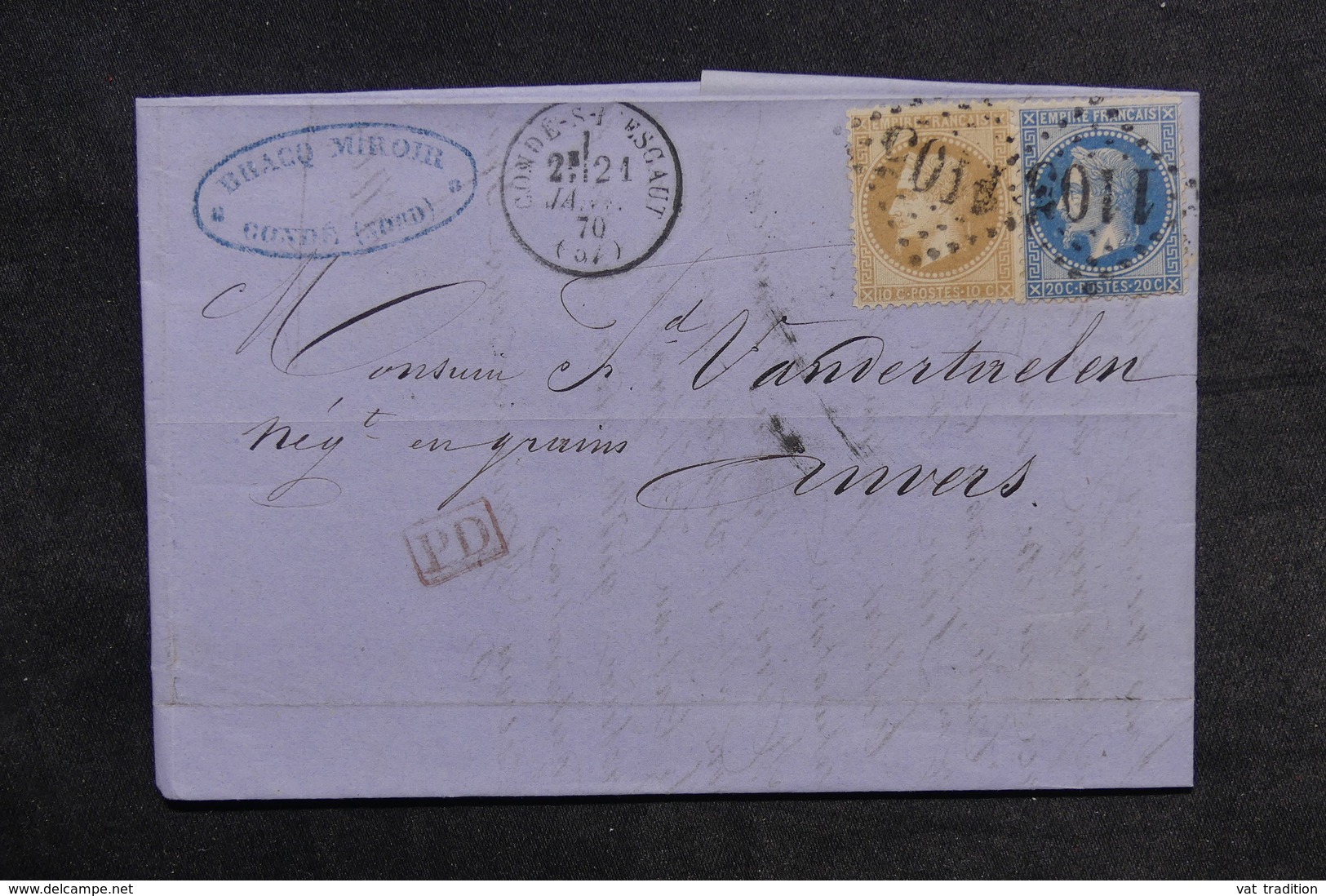 FRANCE - Lettre De Condé / Escaut Pour Anvers En 1870 , Affranchissement Napoléons - L 33219 - 1849-1876: Classic Period