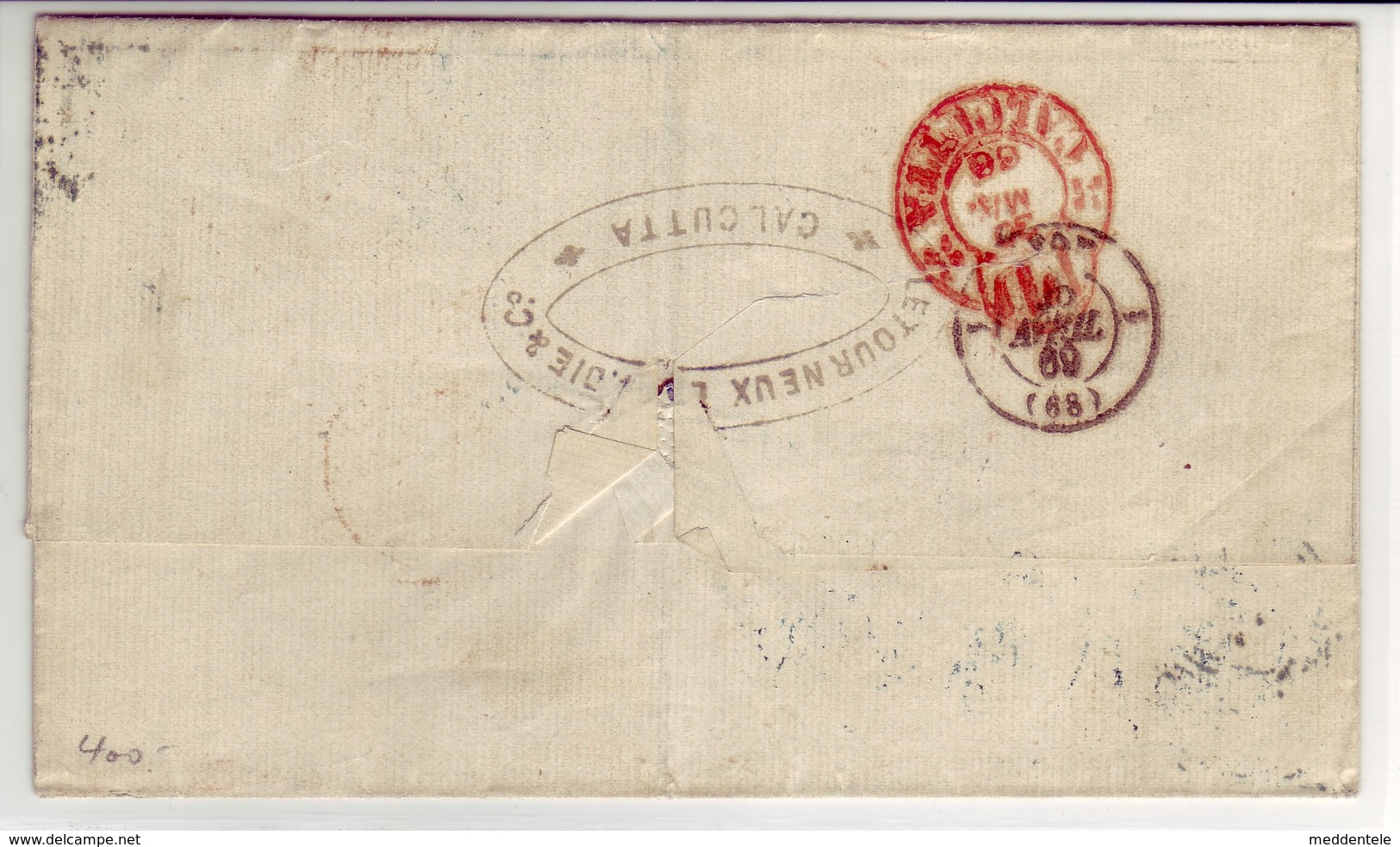 INDIA - 3 Colour 1869 Cover From CALCUTTA To LYON Via BOMBAY, SUEZ, MARSEILLE - Other & Unclassified