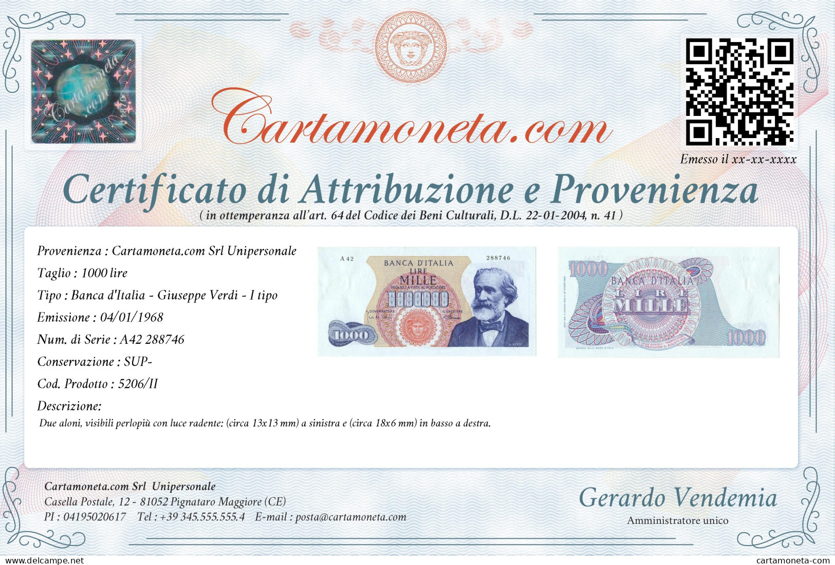 1000 LIRE GIUSEPPE VERDI I TIPO MEDUSA 04/01/1968 SUP- - Other & Unclassified